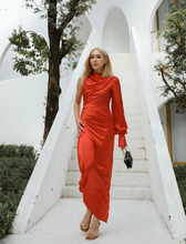 Load image into Gallery viewer, Nina One Shoulder Draped Scarlet Dress

